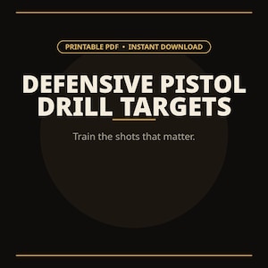 Pode incluir: Um gráfico digital preto com linhas e texto dourados que diz: PRINTABLE PDF • INSTANT DOWNLOAD, DEFENSIVE PISTOL DRILL TARGETS e Train the shots that matter. O design apresenta um grande círculo escuro no centro.