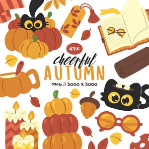 Puede incluir: Un conjunto de ilustraciones digitales con elementos otoñales que incluyen calabazas naranjas y rojas, un gato negro, un libro abierto con gafas, velas, una bellota y ramas de canela. El texto dice 47x cheerful AUTUMN PNG 3000 x 3000.