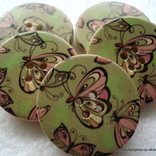 30mm Pink and Green Butterfly Print Wood Buttons Pack of 5 Green Buttons W3044