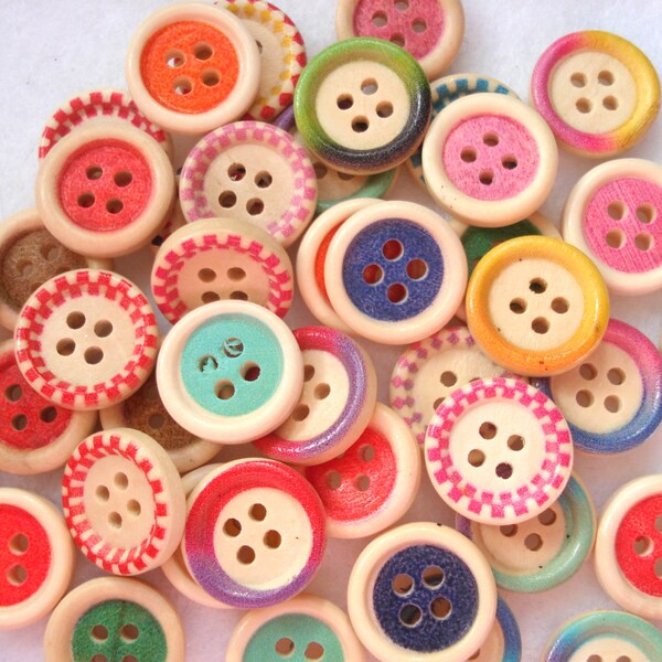 100 Cream Wood Buttons, 15mm Cream Buttons with Colour Accents, Pack of 100 Mixed Wooden Buttons, 5p Each!! W1542