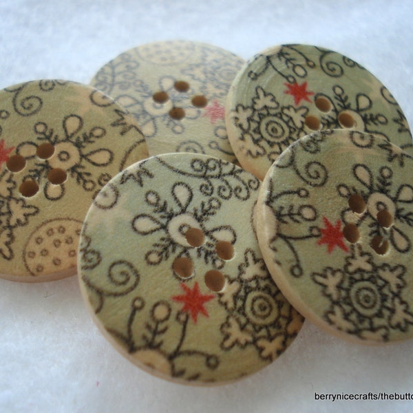 25mm Holz Knöpfe grau grün schwarz Doodle-Muster-Packung mit 10 Tasten W2524