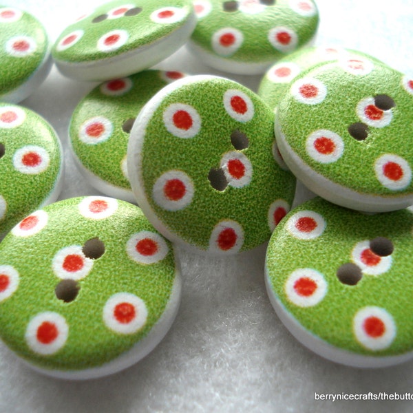15mm Wood Button Green with Red and White Spot Button Pack 15 Green Button WW1515