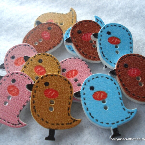 30 Bird Shape Wooden Buttons, 26mm 2-Hole Wooden Buttons,  Pack of 30 Mixed Colour Buttons, 30 Buttons, 10p Each!! WW3016