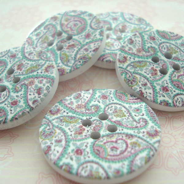 30mm Wood Button with Pink and Blue Paisley Print Pack of 10 Blue Buttons WW3002