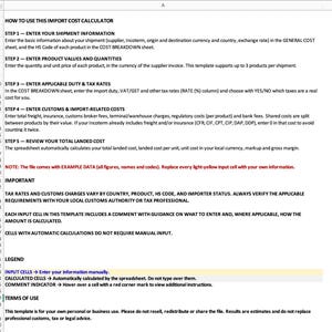 Puede incluir: Un documento de hoja de cálculo digital titulado HOW TO USE THIS IMPORT COST CALCULATOR. El texto describe cinco pasos para calcular los costos de envío, incluyendo la entrada de valores, tasas impositivas y tarifas aduaneras, con leyenda.