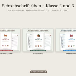 Puede incluir: Tres conjuntos de hojas de práctica de escritura tituladas Schreibschrift üben - Klasse 2 und 3. Cada conjunto presenta ilustraciones temáticas que incluyen animales de granja, del bosque y marinos, con plantillas de papel rayado.