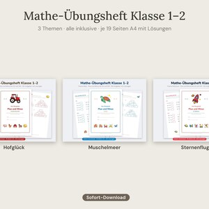Può includere: Tre set di quaderni di esercizi di matematica intitolati Mathe-Übungsheft Klasse 1-2, con i temi Hofglück, Muschelmeer e Sternenflug. Ogni set include 19 pagine A4 con esercizi di addizione e sottrazione, illustrazioni colorate di trattori, creature marine e razzi, e le soluzioni.