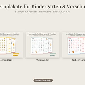 Könnte beinhalten: Ein Set aus Lernplakaten für Kindergarten & Vorschule mit drei verschiedenen Design-Themen namens SonnenGlück, Waldwunder und Farbenfreunde. Jedes Thema umfasst acht Plakate in den Formaten A4 und A3 als Sofort-Download.