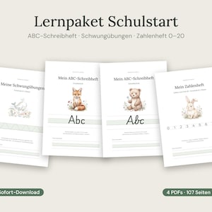 以下が含まれることがあります： Lernpaket Schulstartと題された4冊の学習ワークブックセット。ABC-Schreibheft、Schwungübungen、Zahlenheft 0-20が含まれています。表紙にはクジラ、キツネ、クマ、ウサギの水彩画イラストと、練習用の書き込み線が描かれています。