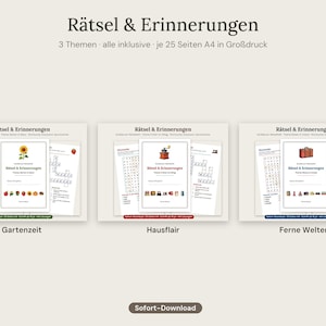 Può includere: Tre set di libretti di enigmistica intitolati Rätsel & Erinnerungen, ciascuno composto da 25 pagine A4 a caratteri grandi. Le copertine presentano illustrazioni tematiche tra cui un girasole, un macinacaffè e una valigia.