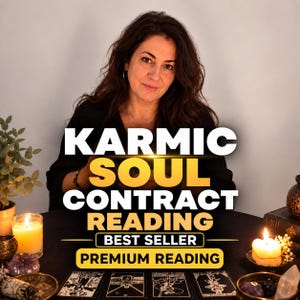 Pode incluir: Uma pessoa com cabelos escuros longos sentada atrás de uma mesa com cartas de tarô, duas velas acesas e cristais. O texto diz: KARMIC SOUL CONTRACT READING, BEST SELLER, PREMIUM READING. A cena é fracamente iluminada com um brilho quente.