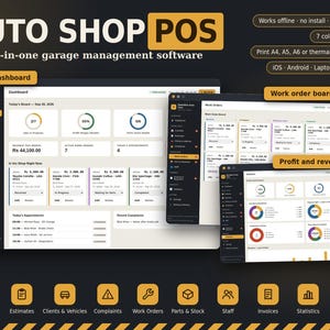 Peut inclure: Logiciel de gestion de garage Auto Shop POS affichant un tableau de bord en direct, un tableau des ordres de travail et des statistiques de profit. L'interface sombre présente des accents jaunes, des icônes de navigation et des graphiques.