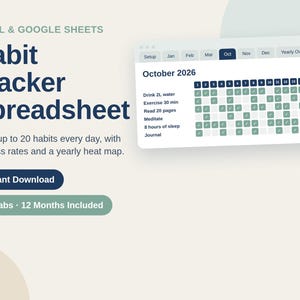 Peut inclure: Un modèle de feuille de calcul Excel et Google Sheets pour le suivi des habitudes. L'interface affiche un calendrier mensuel pour octobre 2026 avec des lignes d'habitudes, des coches et des taux de réussite. Texte : Habit Tracker Spreadsheet, 15 Tabs, 12 Months Included.