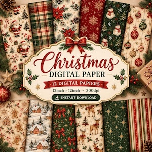 Christmas Paper Collection, 12 Vintage Digital Scrapbook in 12-Inch Squares, 300 DPI PDF Download