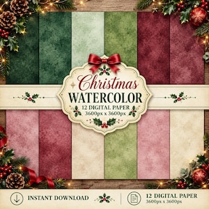 Peut inclure: Un ensemble de 12 papiers numériques avec des textures aquarelles dans des tons rouge, vert et crème. Une étiquette centrale affiche le texte Christmas WATERCOLOR 12 DIGITAL PAPER 3600px x 3600px, orné d'un nœud rouge et de houx.