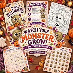 Peut inclure: Un ensemble de compte à rebours d'Halloween de 31 jours comprenant un calendrier, une planche d'autocollants et une page de coloriage. Il présente des illustrations de monstre vert, citrouilles, fantômes et lanternes.