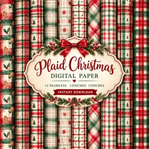 Peut inclure: Une collection de rouleaux de papier numérique présentant divers motifs écossais rouges, verts et blancs avec des éléments de Noël comme des bonshommes en pain d'épice, des sapins et du houx. Une étiquette indique Plaid Christmas DIGITAL PAPER.