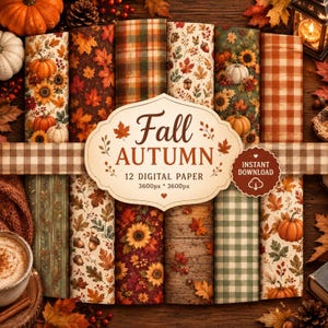 Fall Paper Bundle, 12 Digital Autumn Scrapbook Designs with Plaid Patterns