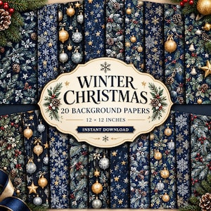 Peut inclure: Une collection de 20 papiers de fond numériques avec des motifs bleu foncé, des boules de Noël dorées et argentées, des flocons de neige, des branches de pin et des pommes de pin. L'étiquette centrale indique Winter Christmas 20 Background Papers.