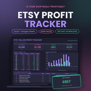Può includere: Una dashboard digitale per il monitoraggio dei profitti Etsy in modalità scura, compatibile con Excel e Google Sheets. L'interfaccia mostra metriche finanziarie tra cui ricavi totali, spese, utile netto e margine di profitto, insieme a tabelle.