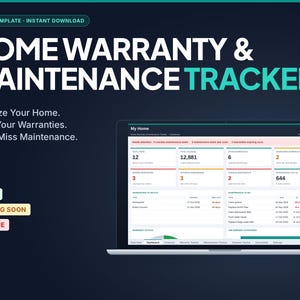 Può includere: Un modello Excel per il monitoraggio della garanzia e della manutenzione della casa visualizzato su uno schermo di un portatile. L'interfaccia presenta una dashboard con tabelle di dati, indicatori di stato e metriche di riepilogo.