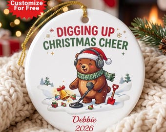 Personalized Metal Detecting Ornament, Treasure Hunter Keepsake, Coin Collector Christmas Bear Treasure