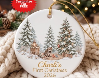 Personalized Babys First Christmas Ornament 2026, Woodland Animal Ceramic Keepsake, Custom Baby Name Gift, Baby Boy or Baby Girl Gift,