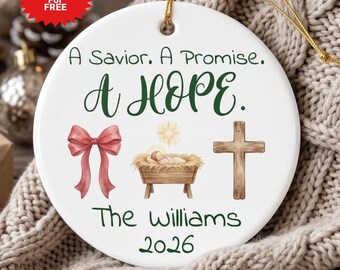 Personalized Christian Christmas Ornament, Personalized Family Ornament, Christian Quote Gift Bow Ornament, Nativity Cross Family Keepsake,