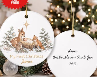 Custom Babys First Christmas Ornament 2026, Woodland Nativity, Personalized Nativity Keepsake Gift with Animals for Baby, New parents gift