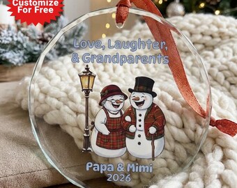 Personalize Grandparent Snowman Glass Ornament 2026, custom grandma and grandpa gift, Mimi and Papa gift, Nana and Papa gift