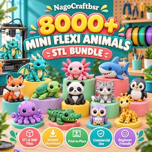 May include: A digital graphic featuring 8000+ Mini Flexi Animals STL Bundle text. The image displays various 3D printed articulated animal figures including a dragon, axolotl, shark, fox, turtle, panda, cat, penguin, octopus, crocodile, owl, and giraffe.