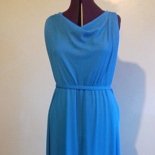 Shops Stunning Blue Backless Dress Grecian Drape Woven Fabric Evening Gown