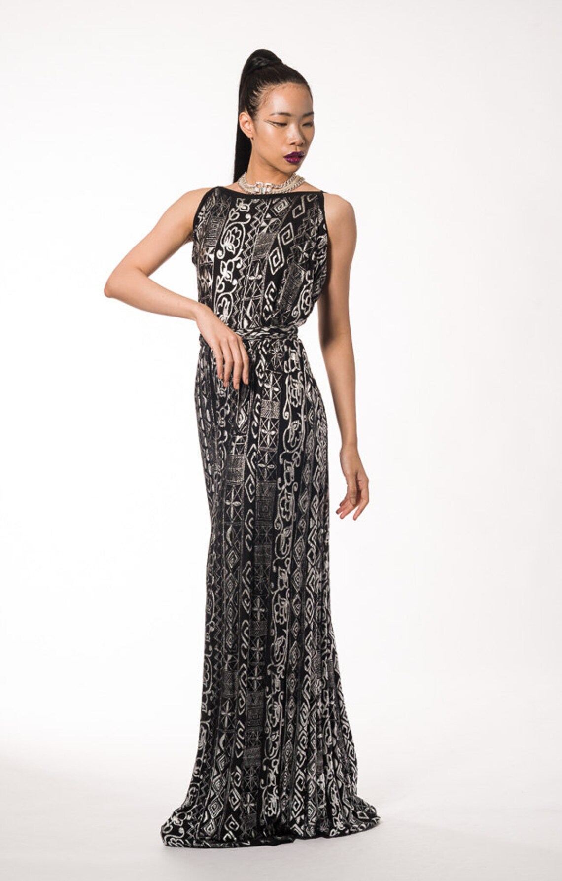 Black Silver Dress Pattern Column Evening Gown Etsy