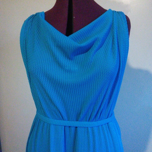 Shops Stunning Blue Backless Dress Grecian Drape Woven Fabric Evening Gown