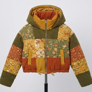 Boho Floral Patchwork Corduroy Cropped Puffer Jacket