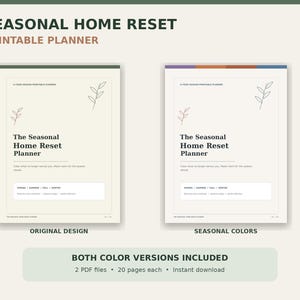 Peut inclure: Deux pages de planificateur imprimables intitulées Seasonal Home Reset. La page de gauche a une en-tête verte, et la page de droite a une en-tête multicolore. Les deux présentent des dessins au trait de feuilles, le texte et des étiquettes.