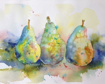 RAINBOW PEARS Original Watercolor Painting 7.5 x 11 OOAK, Kitchen Decor Art , Shabby Chic, Green Blue Pink Yellow Fruit, Mother's Day Gift