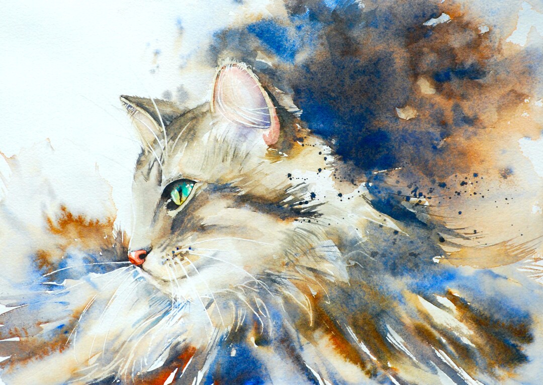 5 Watercolor Cat Blank Note Cards, Maine Coon Tabby , Print of Original ...