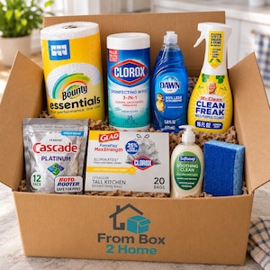 May include: A cardboard box containing household cleaning supplies including a roll of Bounty paper towels, Clorox disinfecting wipes, a bottle of blue Dawn dish soap, a bottle of Mr. Clean multi-purpose cleaner, Cascade Platinum pods, Glad trash bags, Softsoap hand soap, and a blue sponge.
