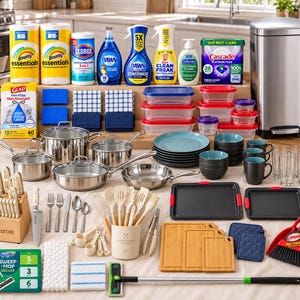 May include: A collection of kitchen essentials including stainless steel cookware, a knife block set, assorted cleaning supplies, food storage containers, ceramic plates and mugs, bamboo cutting boards, a dustpan, and a mop with cleaning pads.