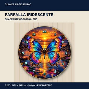 Iridescent Butterfly Clock Face PNG, Wall Clock Design for Sublimation, 8.25 Inch Digital Download