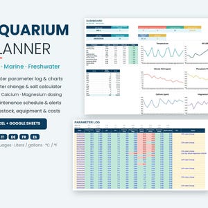 Puede incluir: Una plantilla digital Aquarium Planner para Excel y Google Sheets que incluye un panel con gráficos de parámetros del agua y un registro detallado. La interfaz contiene secciones para cambios de agua, cálculos de sal, dosificación y mantenimiento.