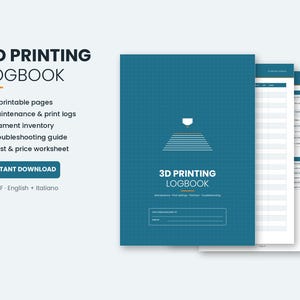 May include: A 3D printing logbook featuring a teal cover with a white grid pattern and a 3D printer nozzle icon. The text reads 3D PRINTING LOGBOOK, Maintenance, Print settings, Filament, Troubleshooting. Includes 17 printable pages in A4 PDF format.
