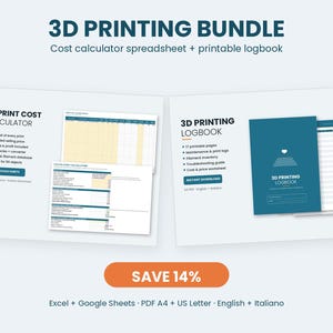 May include: A 3D printing bundle featuring a cost calculator spreadsheet and a printable logbook. The digital set includes Excel and Google Sheets files, plus PDF documents in A4 and US Letter sizes, designed for tracking print costs and logs.