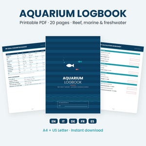 Utskrivbar akvarielogg i PDF-format, dagbok för marina rev och sötvattensakvarier, akvarieunderhåll, vattenparametrar, A4- och Letter-storlek, 5 språk