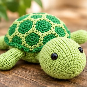 May include: A crocheted turtle toy featuring a light green head and limbs with a textured dark green and lime green shell. The turtle has two round black plastic eyes and is constructed from yarn with visible knit-like stitches throughout.