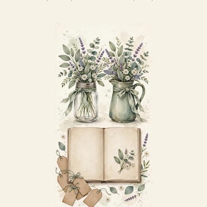 Puede incluir: Un diario titulado MY DAYTIME PLAN & JOURNAL con el texto plan the day - write the moments - heal at your own pace. Presenta ilustraciones de un frasco de vidrio y una jarra verde con lavanda y margaritas, un libro abierto y etiquetas.