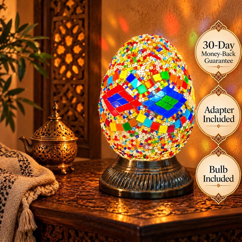 Multicolor Mosaic Glass Table Lamp, Egg-shaped Turkish Style Bedside ...