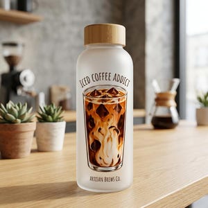 Puede incluir: Una botella de vidrio esmerilado con tapa de madera clara. El frente presenta un gráfico de un vaso lleno de café helado, el texto "ICED COFFEE ADDICT" arqueado arriba y el texto "Artisan Brews Co." impreso en la parte inferior.
