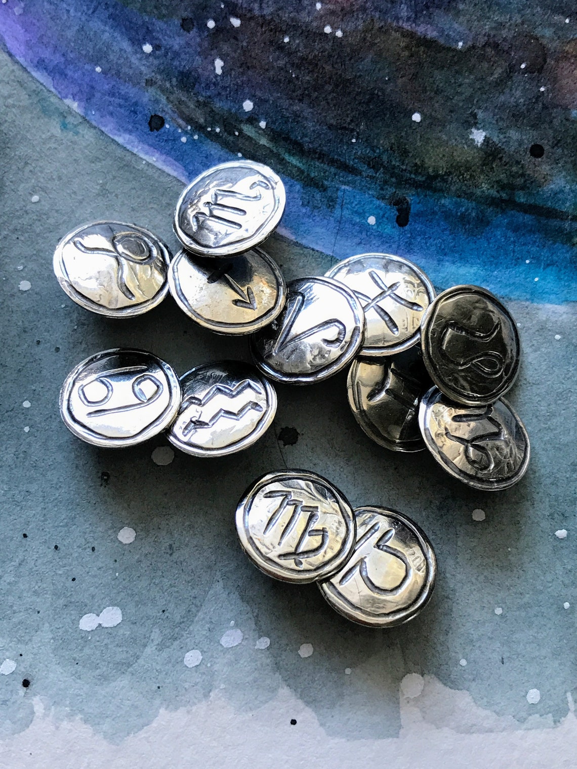 Set of 12 Zodiac Silver Coin Buttons Hand engraved vintage Etsy